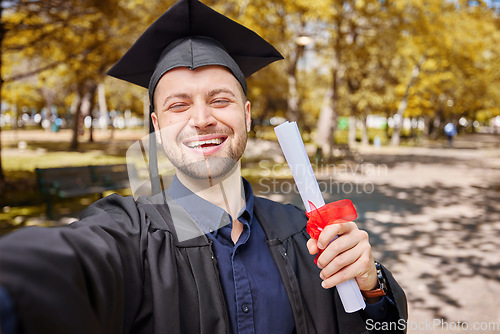 Image of Man, graduation selfie and certificate for college student, smile and excited for future at campus event. Graduate guy, education and celebration with diploma, memory or profile picture for life goal