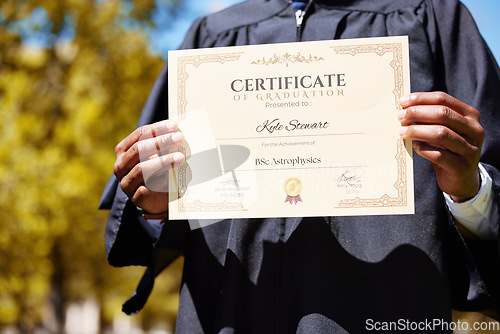 Image of College, hands and closeup of a graduation diploma for success, achievement or goal. Scholarship, college and zoom of graduate, student or person holding degree or diploma scroll for education