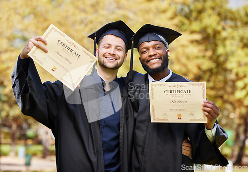 Image of Friends, portrait and graduation to show diploma with smile, diversity and pride at university event. Education, celebration and graduate men with certificate, support and success for learning goals