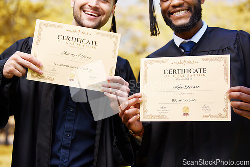 Image of Friends, students and graduation to show diploma with smile, congratulations and pride at campus event. Education, celebration and happy men with certificate, paperwork and success for learning goals