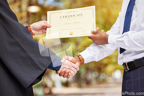 Image of Hand shake, graduation and certificate for college student with professor, congratulations and event for learning. Education, celebration and party with diploma, paperwork and people with success