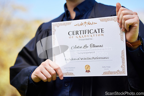 Image of University, hands and closeup of a graduation certificate for success, achievement or goal. Scholarship, college and zoom of graduate, student or person holding degree or diploma scroll for education