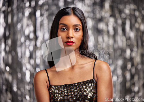 Image of Makeup, portrait and Indian woman in studio with glamour, cosmetics and attitude on blurred background. Face, beauty and female person with luxury aesthetic, sparkle and cosmetology glow satisfaction