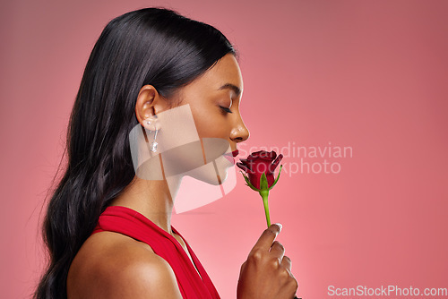 Image of Face, woman and smelling a rose on a studio background for valentines day. Fragrance, model and profile of a young Indian girl with a flower in hand for romance, scent or love on pink backdrop