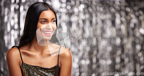 Image of Makeup, smile and Indian woman in studio with glamour, cosmetics and glowing skin on blurred background. Face, beauty and happy female with luxury aesthetic, sparkle and cosmetology satisfaction