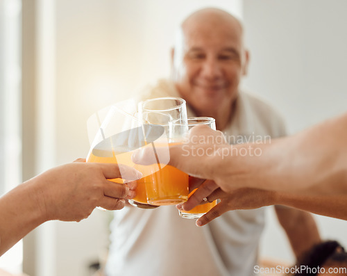 Image of Celebration, senior happy man or toast with orange juice, beverage or glass drinks for fun friends reunion. Fruit liquid, retirement party group or hands of elderly people celebrate, smile and cheers