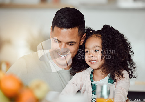 Image of Father, child and smile of a family together at home for bonding, love and care or quality time. Face of a happy man or father and girl kid or daughter in a house for happiness, relax and security