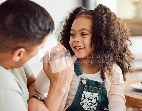 Image of Father, child and holding hands in a family home for bonding, love and care or quality time. Face of a happy man or dad and girl kid or daughter in a house for happiness, relax and playing a game