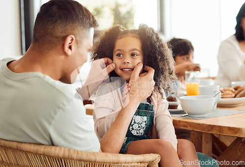 Image of Father, child and smile of a girl at home for bonding, love and care or quality time. Face of a kid or daughter and a happy man in a house for happiness, relax and playing with cheeks at breakfast