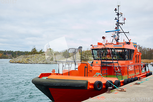 Image of Stockholm, Sweden - November 3, 2018: Coastal safety, salvage and rescue boat.