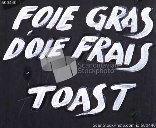 Image of black board menu fresh goose foie gras on toast