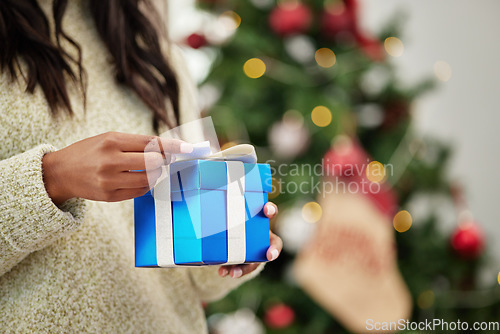 Image of Closeup, hands and woman with a gift, Christmas and box with a package, living room and celebration. Zoom, female person or girl with a Xmas present, festive season and product with holiday and party