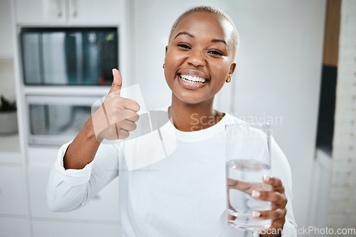 Image of Thumbs up, nutrition and portrait of black woman with water for diet success or detox start. Happy, healthy and an African girl with an emoji hand for liquid goal or care with a glass in the morning