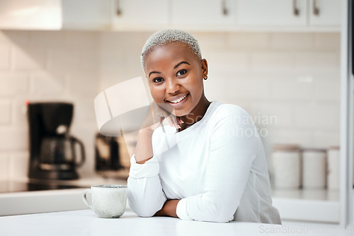 Image of Portrait, smile and black woman with coffee, kitchen or relax with aroma, carefree or apartment. Face, female person or happy girl with tea, Nigerian and espresso with morning drink, home or wellness