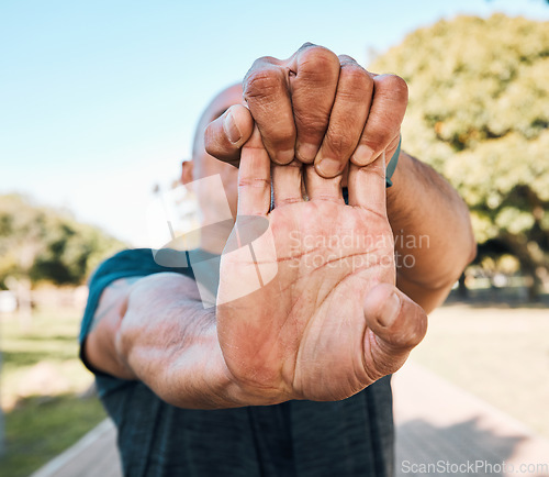 Image of Stretching hands, man and nature for fitness, running start or cardio preparation. Ready, training and a male runner or athlete with a morning warm up in a park for exercise and sports performance