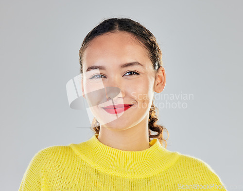 Image of Portrait, happy and black girl with cosmetics or positive mindset with makeup in isolated or white background. Beauty, smile and face with woman with confidence or pride and wellness in south africa.