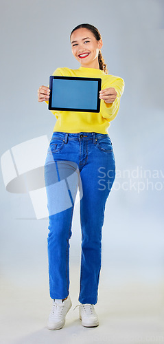 Image of Tablet, screen mockup and woman or student for university presentation, website or registration information. Portrait of person, digital space and college, contact or ux design on studio background