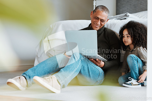 Image of Grandfather, bedroom and family kid with laptop for streaming child friendly video, online games or search web. Love bond, quality time together and relax senior man babysitting grandchild at home