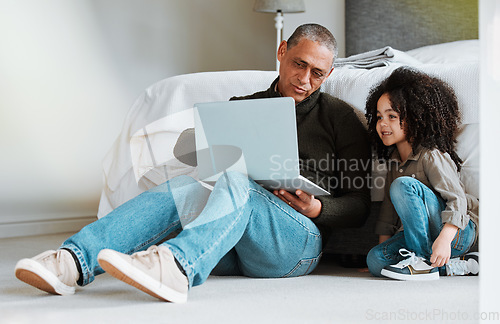 Image of Grandfather, bedroom and family child with laptop for subscription movie, online gaming or search web for kid. Home bond, computer and elderly man babysitting grandchild, watch media or network video