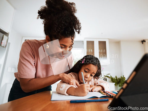 Image of Mother, child student and writing homework on a table at home for learning and development. African woman and a girl kid together for education, homeschool or drawing art with creativity and support