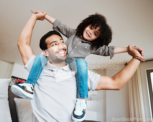 Image of Love, airplane and father and boy child in a living room for piggyback, bond and fun in their home. Happy, flying and kid with parent in lounge playing, flying and enjoy shoulder game on the weekend