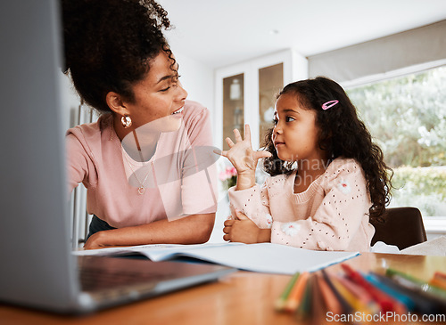 Image of Math homework, mother and child with a laptop, counting and studying together in a house. Happy, talking and a little girl with an answer for education with a mom and a pc for elearning and knowledge