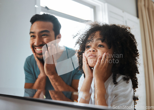 Image of Family, children and a father with his daughter in the bathroom mirror, looking at their reflection during morning routine. Love, kids and a little girl washing her face with dad for hygiene at home
