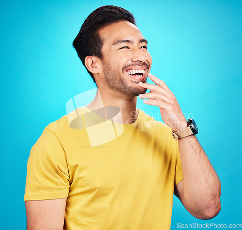 Image of Man, laughing and thinking of funny idea for comedy, joke or humor and happiness as inspiration for meme, comic or promotion. Person, laugh and happy face for crazy, silly or fun advertising mockup