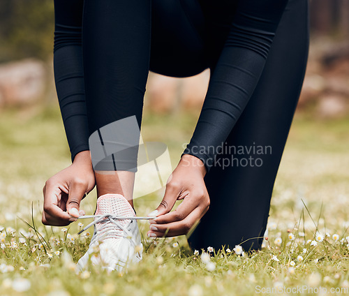 Image of Hands, person and tie sneakers outdoor on grass for running, workout and performance. Closeup of athlete, runner and lace shoes on feet, footwear and exercise at park for sports, fitness and marathon