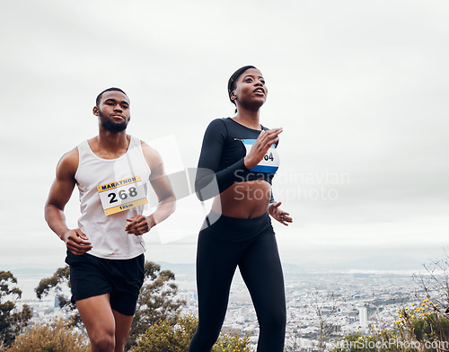 Image of Running couple, mountain race and wellness with workout and training together for a marathon. Runner, young people and road on a exercise challenge outdoor with sport cardio performance in nature