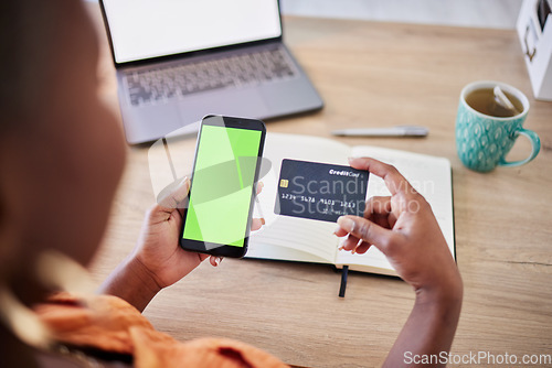Image of Phone, green screen or hands of woman with credit card on ui mockup space display for financial payment. Remote work, house or copywriter typing banking info on mobile app or fintech website online