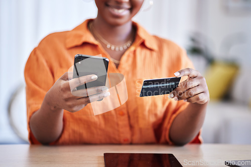 Image of Hands, ecommerce or happy girl with credit card or phone on payment on internet website or fintech. Online shopping, finance or excited woman typing in money transfer via mobile banking at home