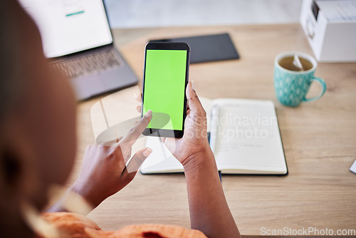 Image of Phone, remote work or hands of woman with green screen on ui mockup display or cellular technology. Space, house or copywriter with cellphone for social media or online communication on mobile app