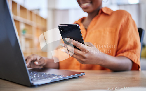 Image of Phone, laptop or hands of happy woman on social media networking, searching or texting message. News, surf or editor typing, copywriting or checking emails online on digital mobile app or web chat