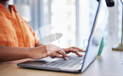 Image of Hands, editing or woman writer typing on laptop for networking on email or online research on keyboard. Closeup, digital or girl copywriting on blog site, feedback or internet article for remote work