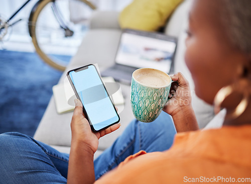 Image of Woman, hands and phone with mockup screen for communication, research or advertising at home. Hand of female person on smartphone display or chromakey for online browsing on living room sofa in house