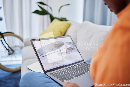 Image of Laptop screen, stock market and person on sofa in work from home opportunity, trading and entrepreneur search. Website, blog and people or trader on couch reading, learning or information on computer