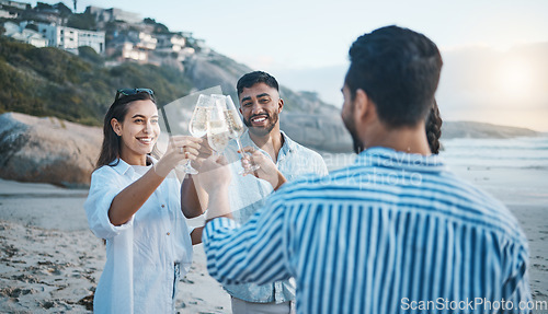 Image of Smile, friends and toast with champagne on beach, having fun and bonding at sunset. Ocean, group and people cheers with wine glass, alcohol and drink for celebration on holiday, summer party and sea.