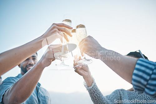 Image of Happy, friends and hands toast with champagne, having fun and bonding at sunset. Smile, group and people cheers with wine glass, alcohol and drink for celebration on holiday, summer party and mockup.