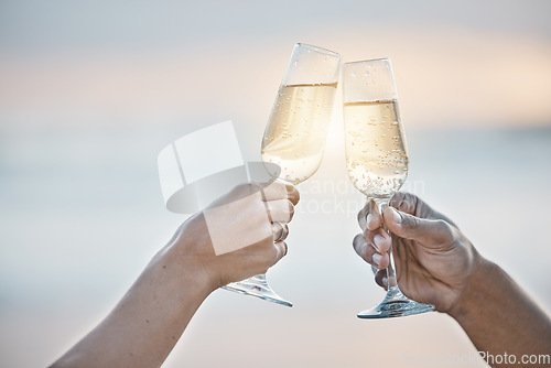 Image of Sunset, couple and hands toast with wine glass, having fun or bonding together on mockup space. Vacation, champagne and people cheers with alcohol drink for celebration on holiday, summer or party.