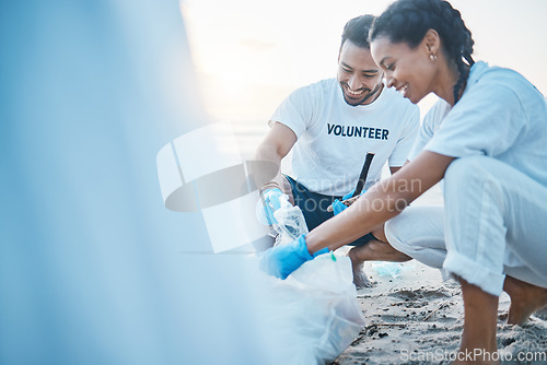 Image of Volunteer, mockup and people cleaning beach for world earth day, care and kindness for natural environment. Help, recycle and happy man and woman picking up plastic waste and pollution on ocean sand.