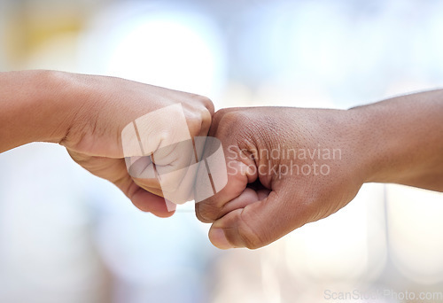 Image of Closeup, people and hands in fist bump of success, winning and power of teamwork, respect or pride. Friends, unity or emoji of collaboration, motivation and celebrate solidarity, trust or achievement