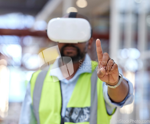 Image of Logistics, warehouse and man in vr headset for virtual checklist, inventory or online schedule. Future technology, person in augmented reality mask in factory and futuristic stock management system.