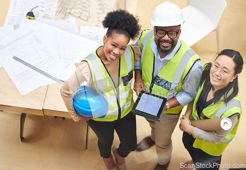 Image of Tablet, teamwork or portrait of engineers with designer planning a construction for architecture. Top view, blueprint or happy black people with Asian woman meeting together on a development project