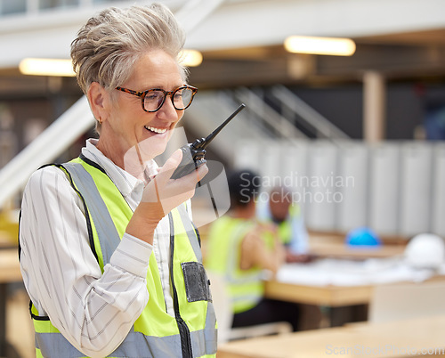 Image of Walkie talkie, senior woman and happy architect talking for communication, construction or command. Radio, elderly engineer and manager planning industrial project management for building maintenance