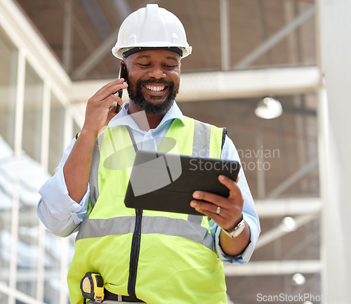 Image of Phone call, black man and architect with tablet for research, planning and working on construction project. African engineer, mobile technology and happy contractor on internet, email and networking.