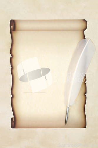 Image of Parchment Paper Scroll with White Feather Quill Pen 