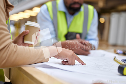 Image of Construction, meeting and people with blueprint for planning with paperwork, illustration and document. Engineering design, teamwork and hands of workers on floorplan for building renovation on site