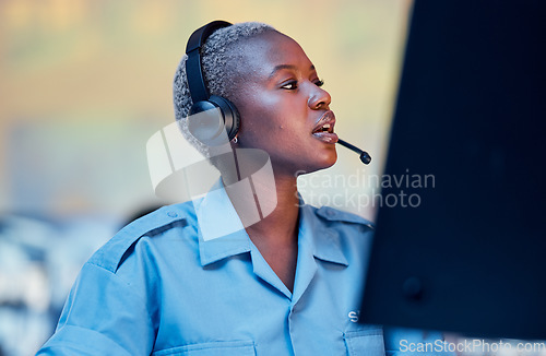 Image of Security dispatch, communication headset and black woman talking, speaking and check surveillance system. Conversation, support consultation and helping African person chat about crime safety service