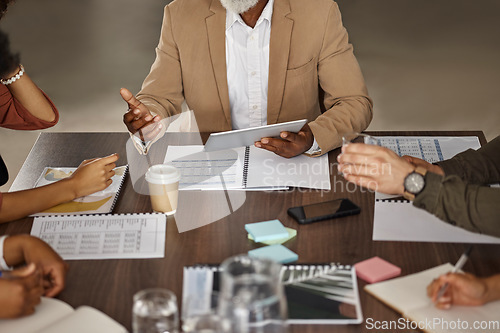 Image of Documents, tablet or hands of business people in a meeting planning a financial strategy together. Data analytics, teamwork or manager with marketing portfolio report file, schedule or paperwork